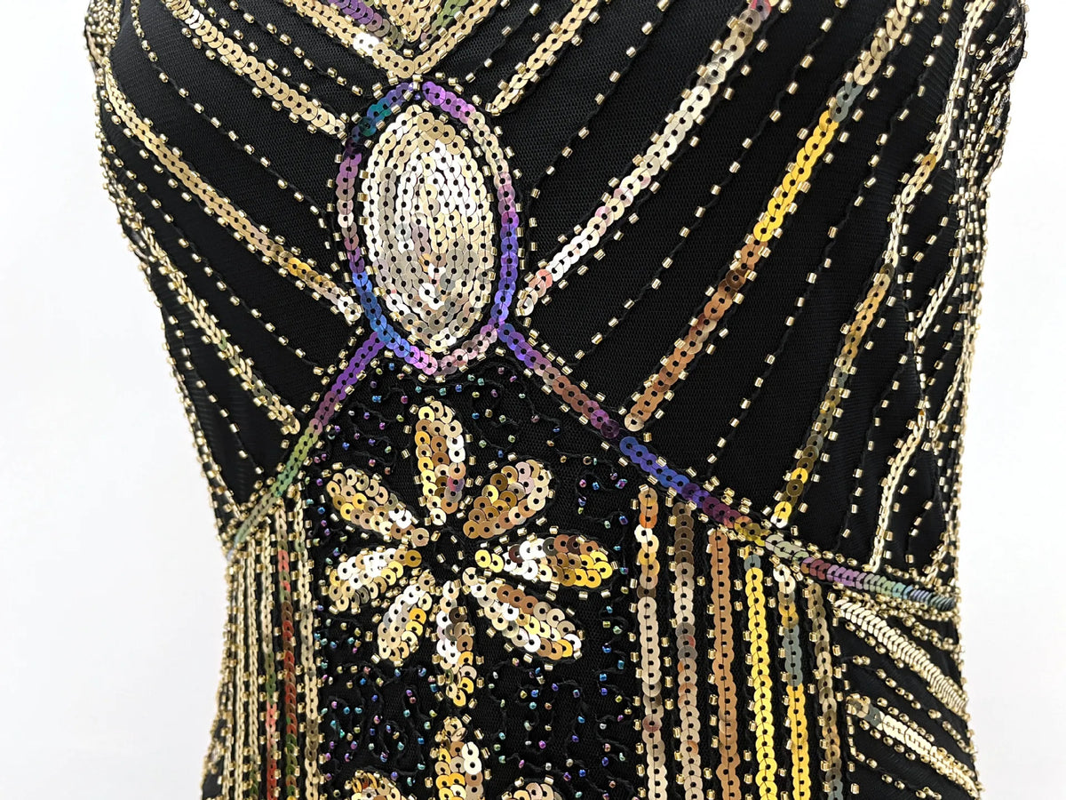 Women 1920s Flapper Dress Vintage Gatsby Beaded Sequin Fringe Midi Dress Sleeveless V Neck Roaring 20s Party Costume