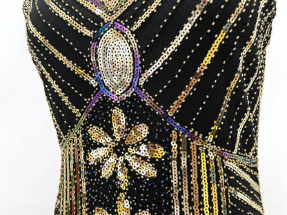 Women 1920s Flapper Dress Vintage Gatsby Beaded Sequin Fringe Midi Dress Sleeveless V Neck Roaring 20s Party Costume