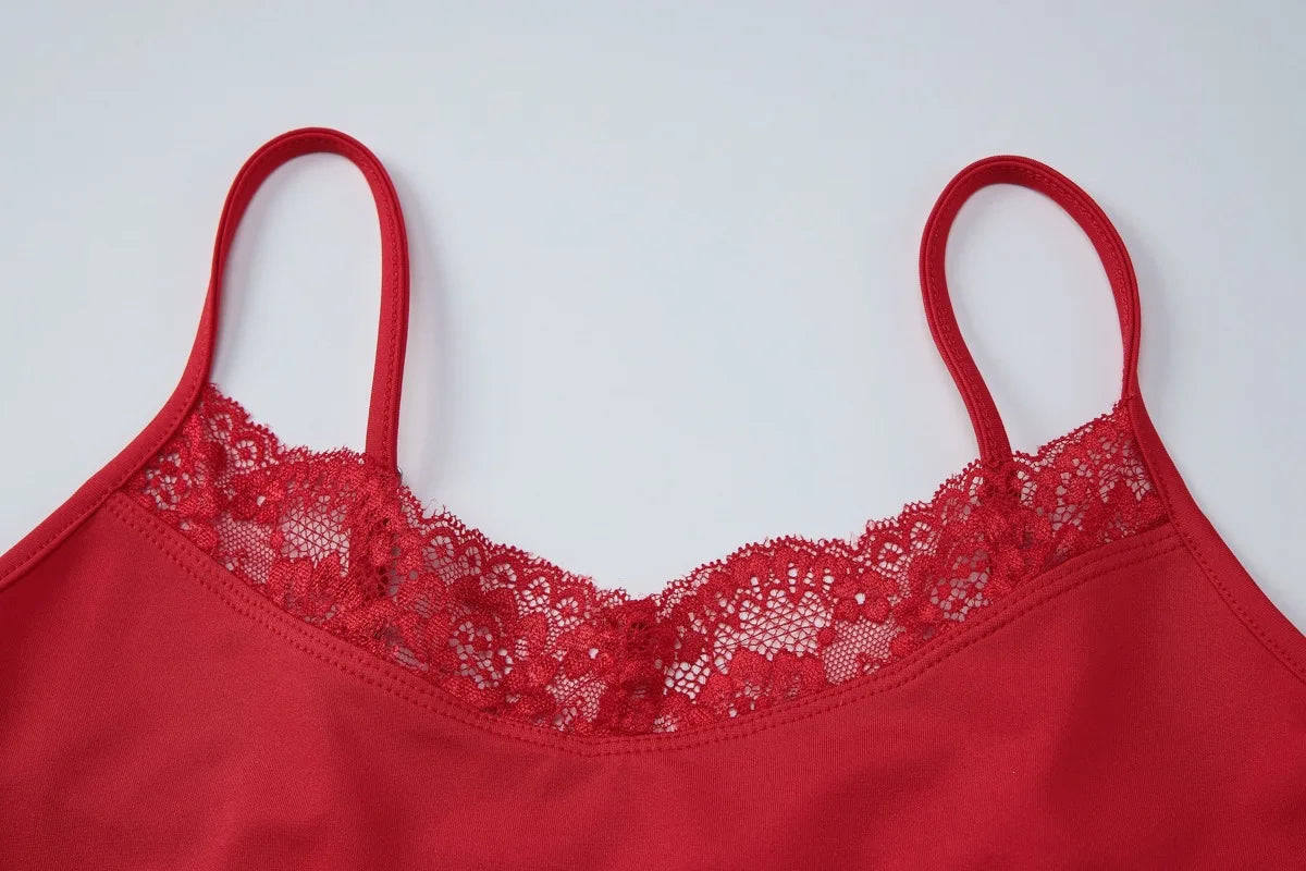 Women Summer Sexy Fungus Trim Spaghetti-Strap Tops Sexy Party Streetwear Patchwork Lace 2 Piece Sets