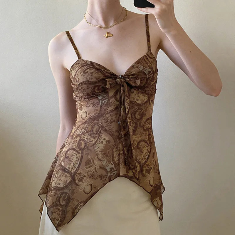 New Vintage Print Mesh Irregular Strap V-neck Sexy Slim Fit Cropped Top Vest Suitable for Streetwear Causal Women Clothing