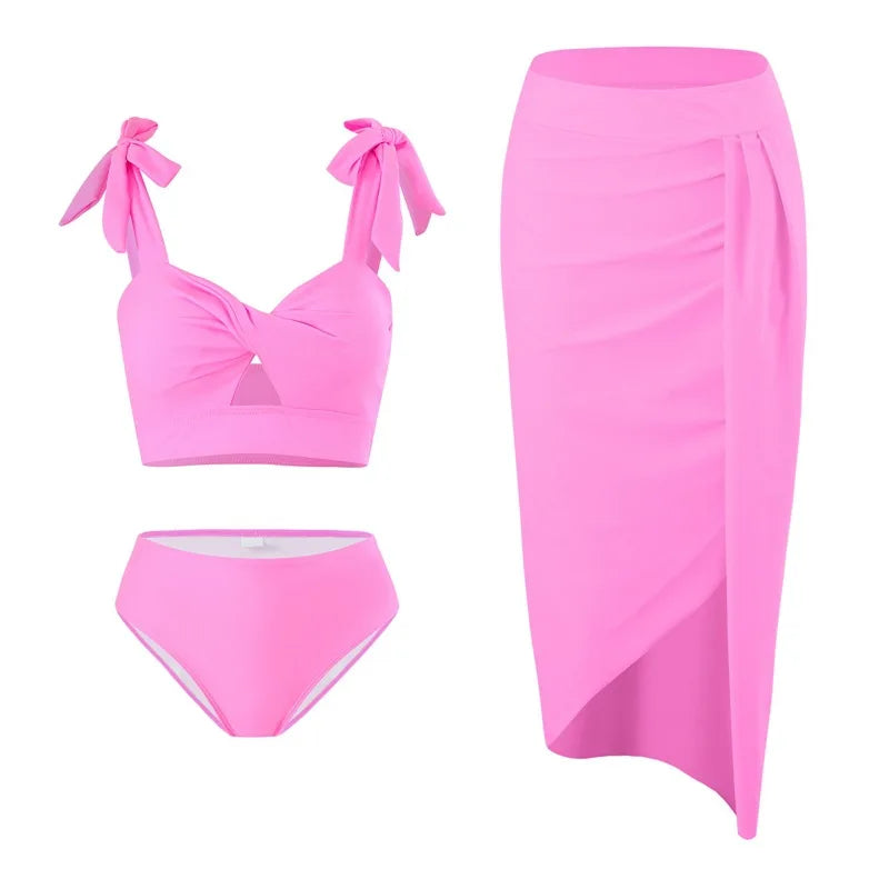 Women's Sexy Round Neck Solid Color Swimming Set High Waist Bikini with Skirt and Underpants 3-Piece Set for Seabeach