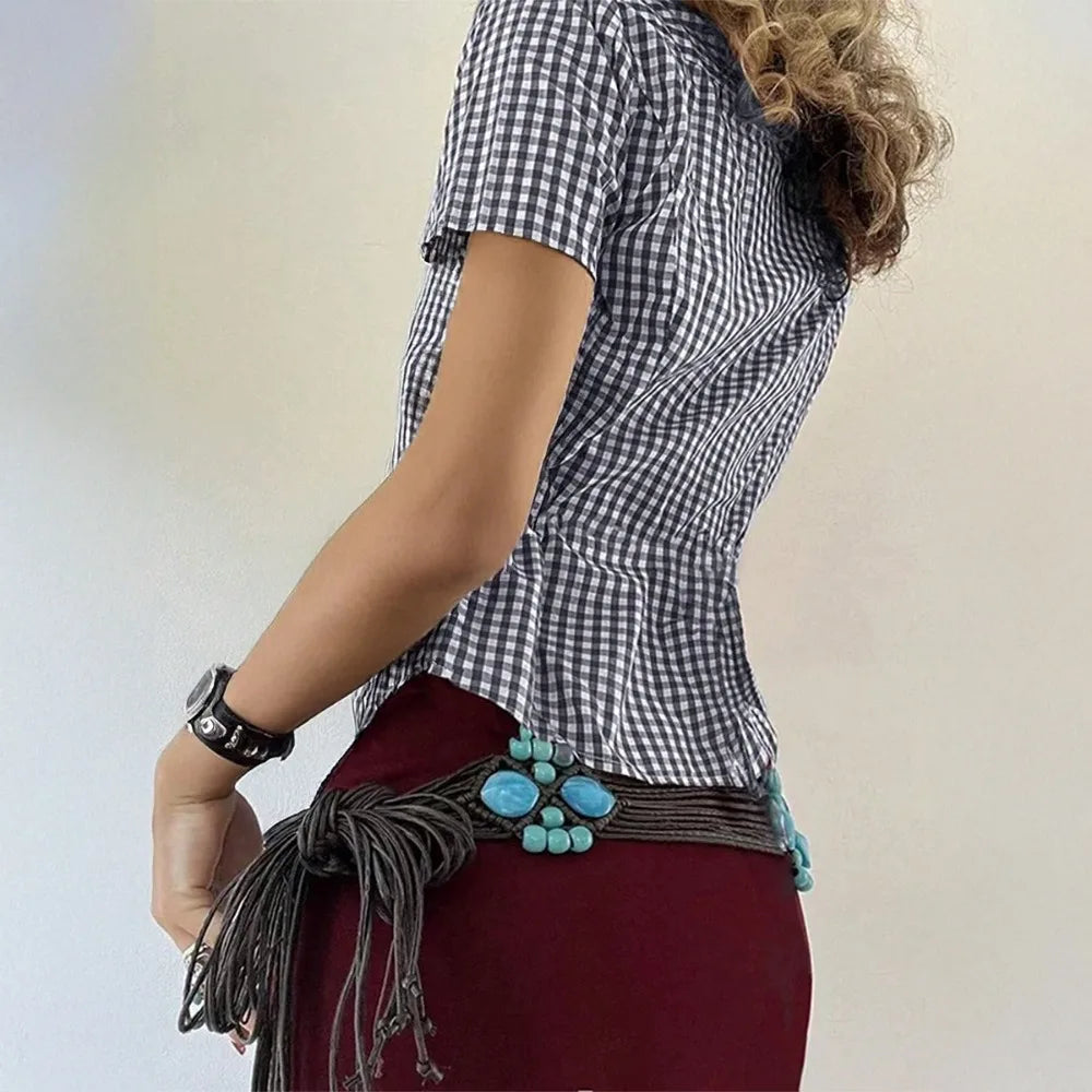 Retro Style Plaid Print Short Sleeve Collared Shirt Button Down Slim Fit Peplum Blouse for Daily Wear Brunch Women Outfits