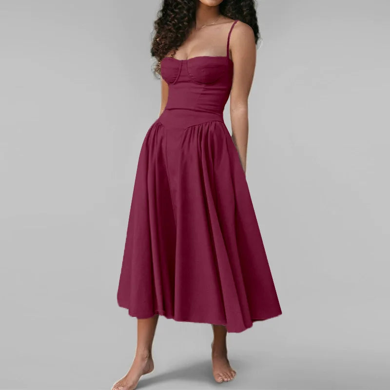 Women's French Retro Elegant V-Neck Sleeveless Slip Dress Bohemian Floral Beach Sundress Sexy Slim Fit Waist Cinched Long Dress