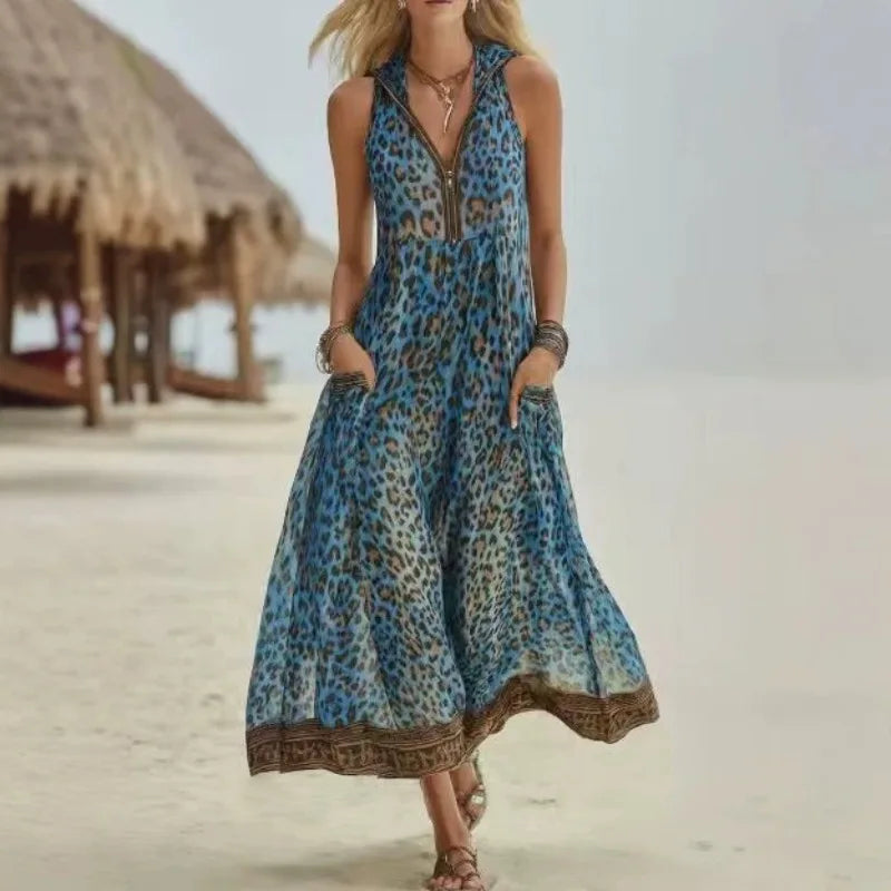 Women Sleeveless Hooded Zip Front Animal Spot Print Midi Dress Loose Flowy Swing Hem Pocket Long Outfit