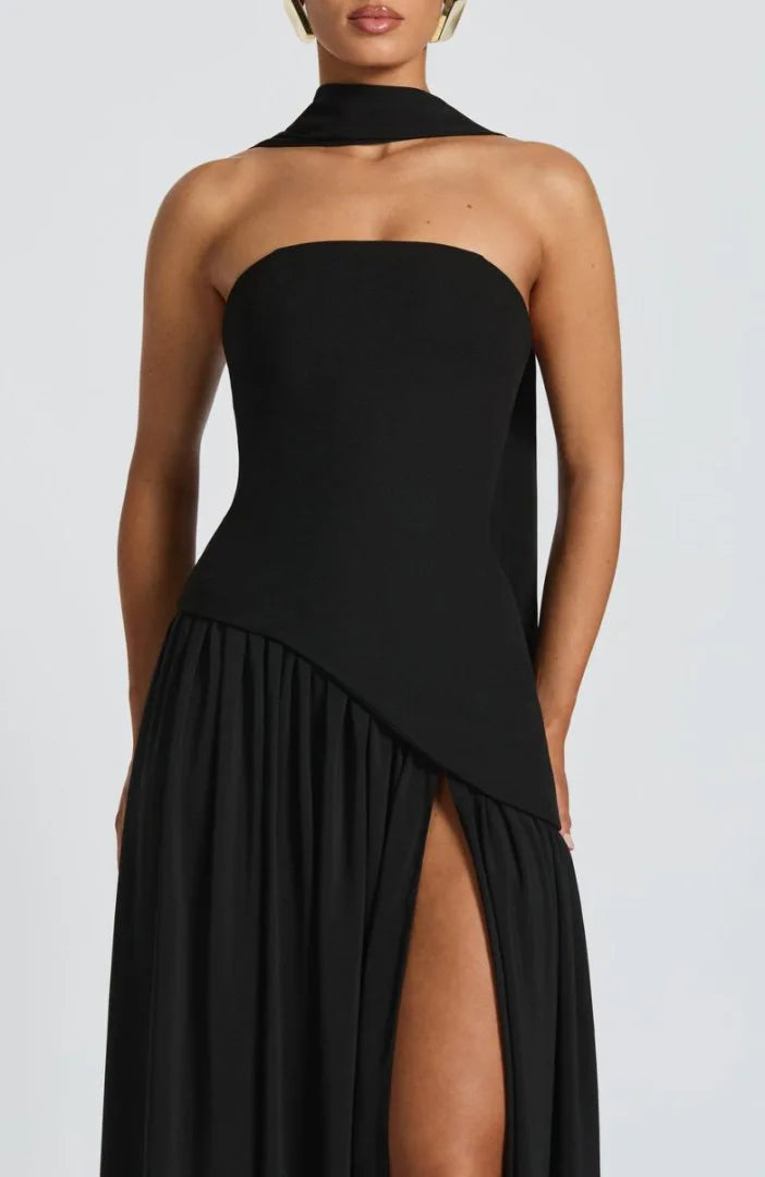 Women Strapless Asymmetrical Maxi Dress with Detachable Neck Wrap Pleated Flowy Long Evening Party Gown