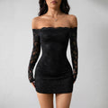 New Elegant Long Sleeve Lace Off Shoulder Neck Long-sleeved Slim Fit Thin Outing Hot Girls Outfits for Sexy Ladies Short Dress