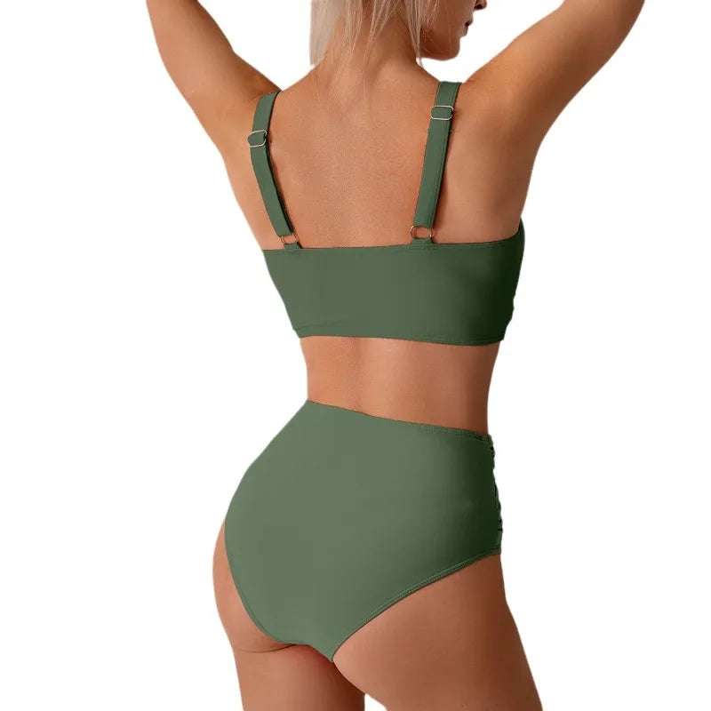 Women's Sexy Solid Color High Waist Bikini Set with Chest Pad Split Two-Piece Beach Pool Bathing Suits