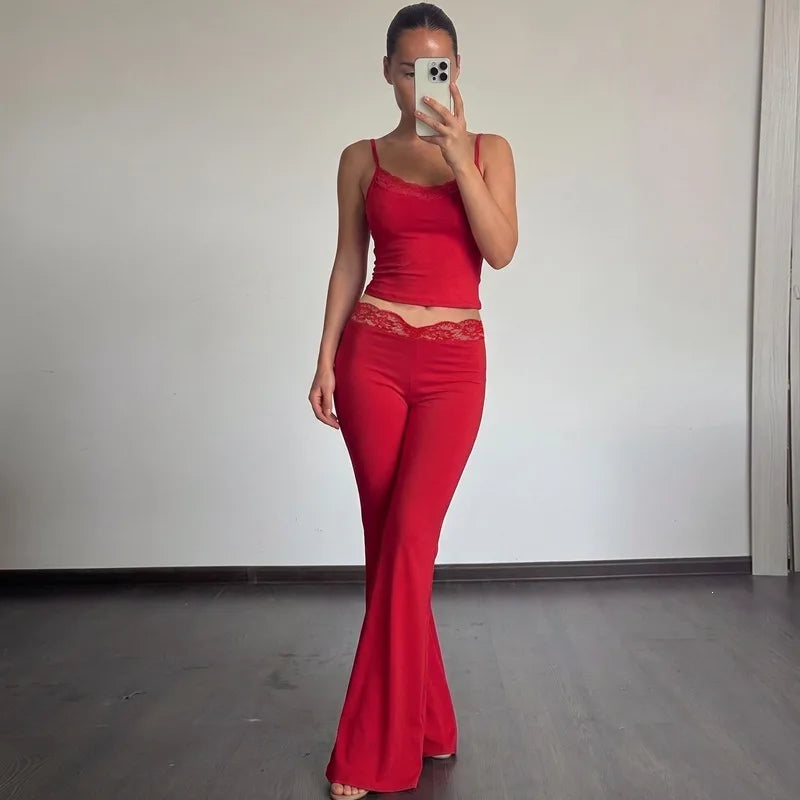Women Summer Sexy Fungus Trim Spaghetti-Strap Tops Sexy Party Streetwear Patchwork Lace 2 Piece Sets