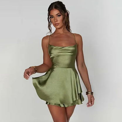 Women Sexy Satin Sleeveless Cami Playsuit Solid Cowl Neck Cross Tie Backless Short Jumpsuit Fashion Slim Fit Summer Romper