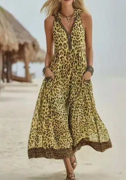 Women Sleeveless Hooded Zip Front Animal Spot Print Midi Dress Loose Flowy Swing Hem Pocket Long Outfit