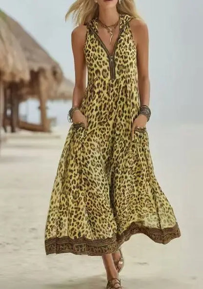 Women Sleeveless Hooded Zip Front Animal Spot Print Midi Dress Loose Flowy Swing Hem Pocket Long Outfit