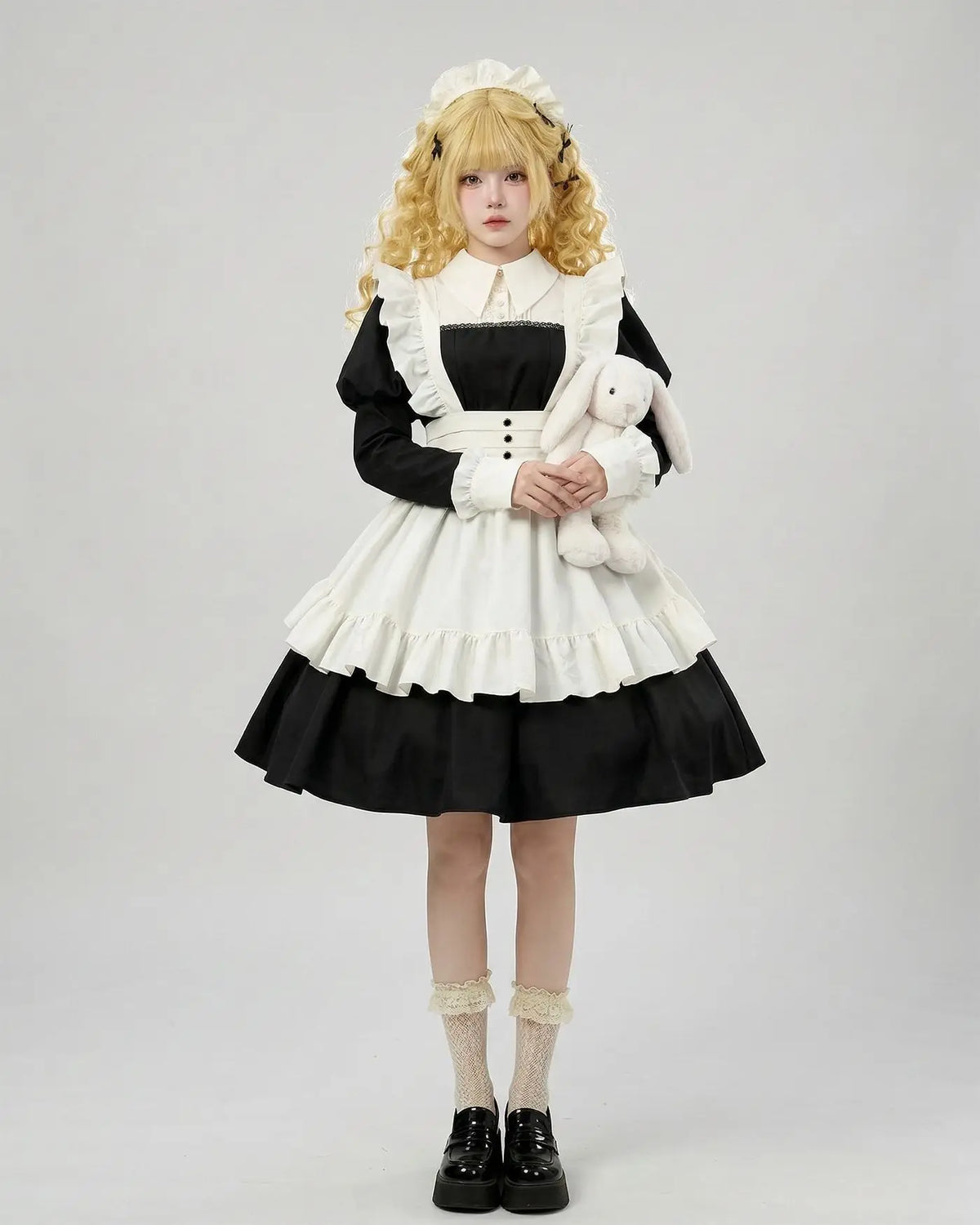 Women's Maid Lolita Dress Long Puff Sleeve Ruffle Apron Cosplay Costume with Headwear Theme Party Role Playing Outfits