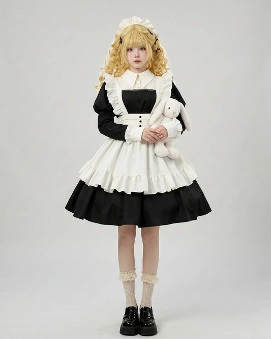 Women's Maid Lolita Dress Long Puff Sleeve Ruffle Apron Cosplay Costume with Headwear Theme Party Role Playing Outfits