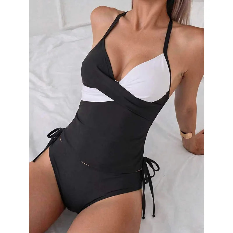 Women Contrast Color Wrap Front Halter Water Sports One Piece Bathing Suit Beach Vacation Adjustable Side Tie Boyleg Swimwear
