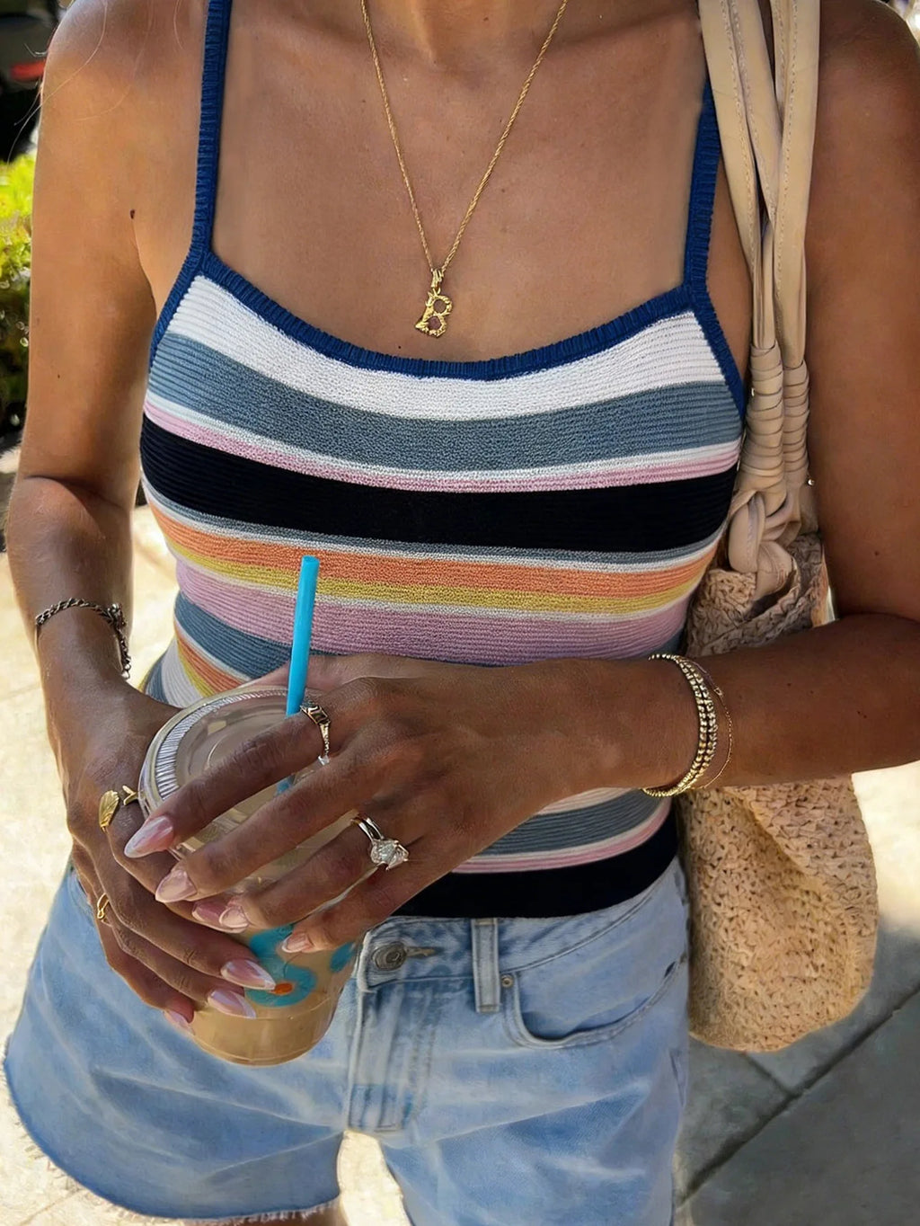 Colorful Rainbow Striped Knit Tank Top Strap Square Neck Slim Fit Crop Cami Casual Daily Women Beach Streetwear