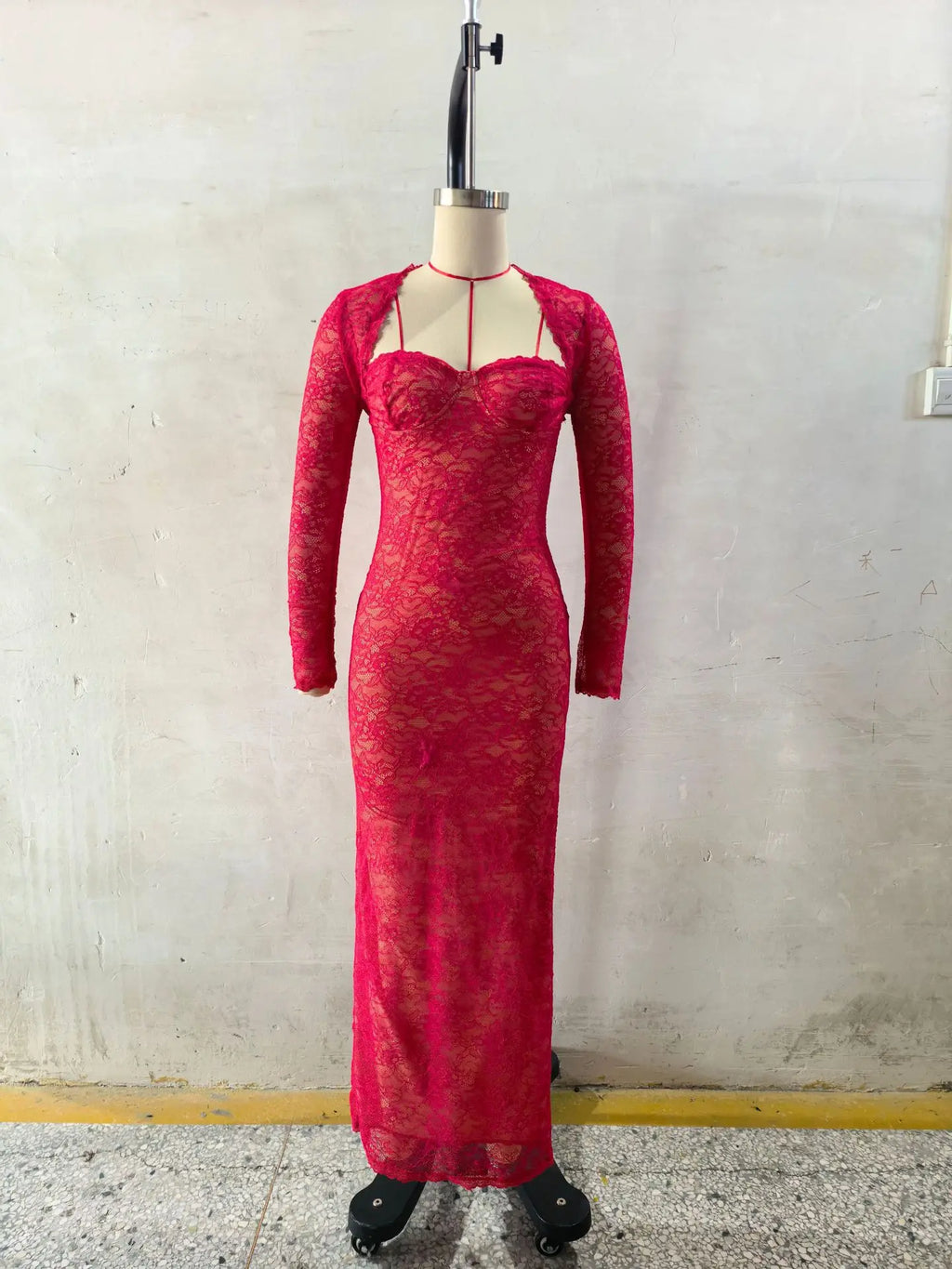 Women Halter Thin Strap Bustier Long Sleeve Shrug Sheer Floral Lace Bodycon Maxi Evening Gown Solid See Through Party Dress