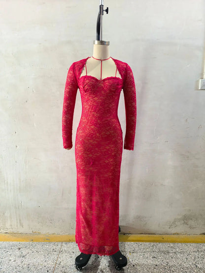 Women Halter Thin Strap Bustier Long Sleeve Shrug Sheer Floral Lace Bodycon Maxi Evening Gown Solid See Through Party Dress