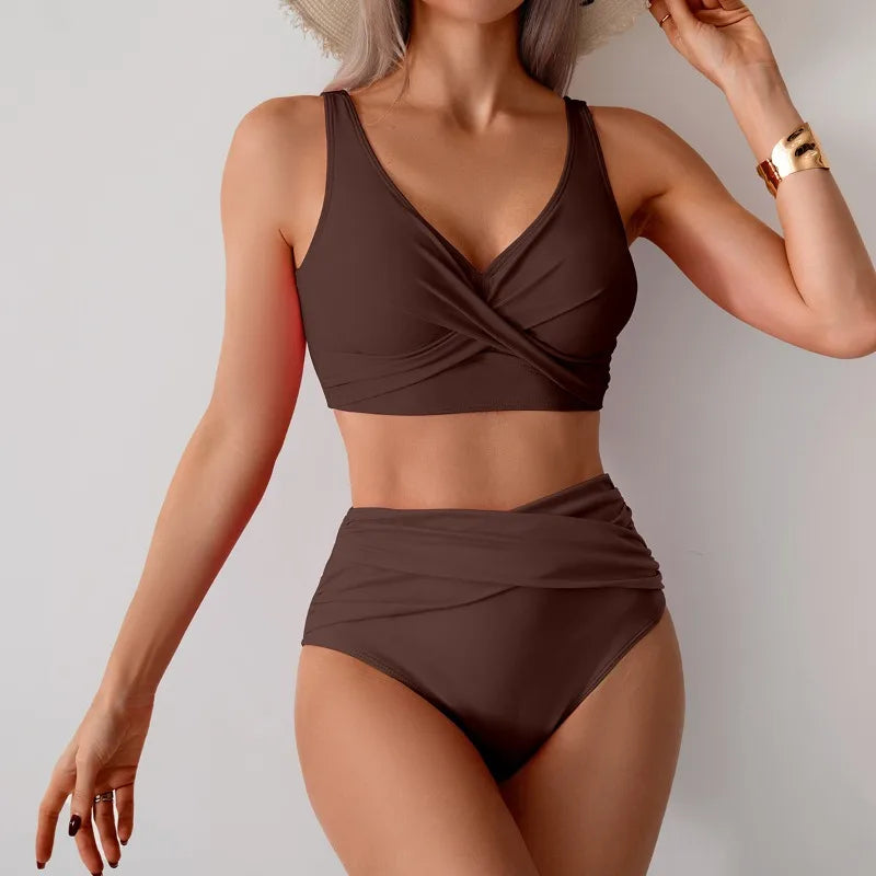 Women's Sexy Solid Color High Waist Bikini Set with Chest Pad Split Two-Piece Beach Pool Bathing Suits