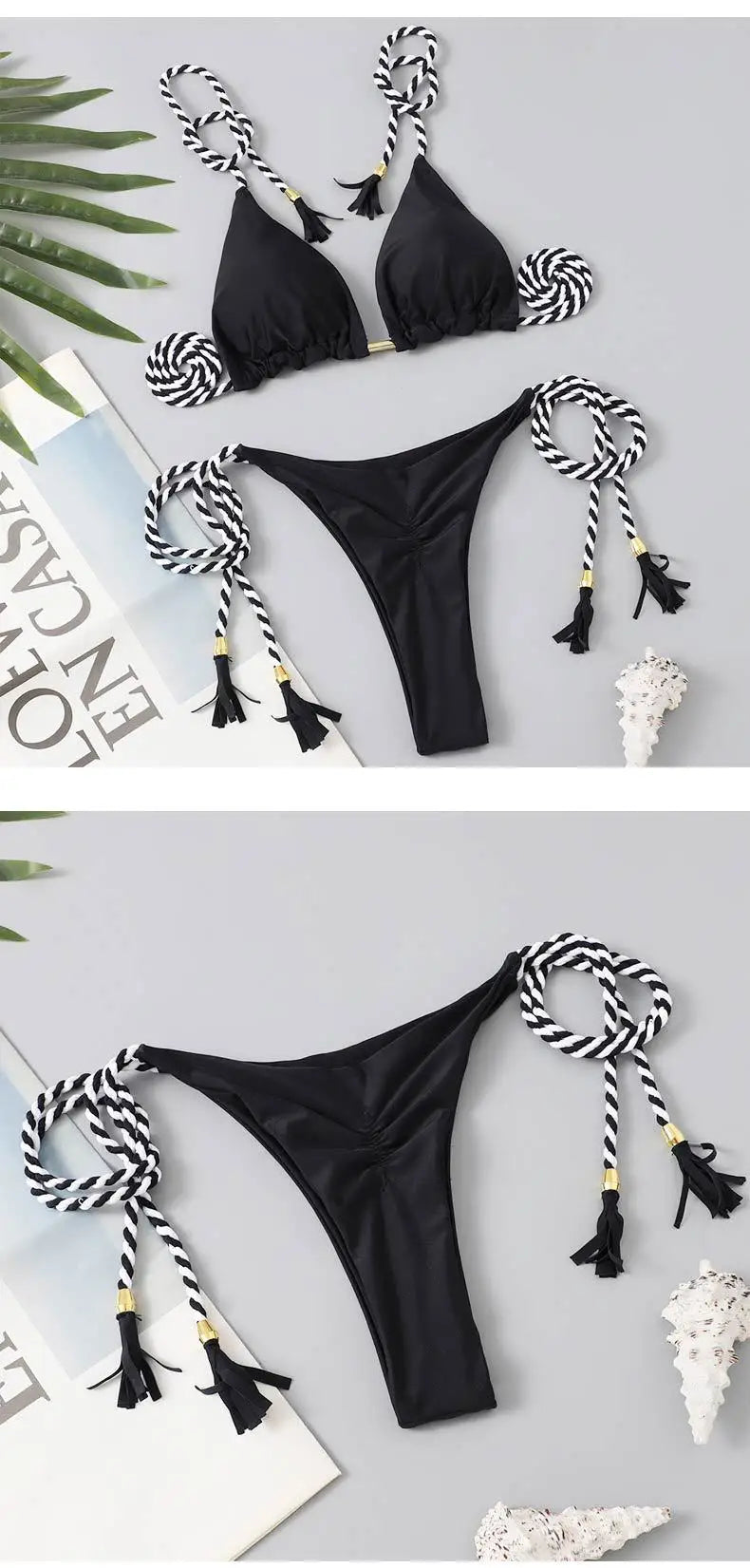 Women's Halter Tie Tassel Detail Two Piece Water Outfit Adjustable Side Drawstring Separated Swim Set for Beach Vacation Outfits