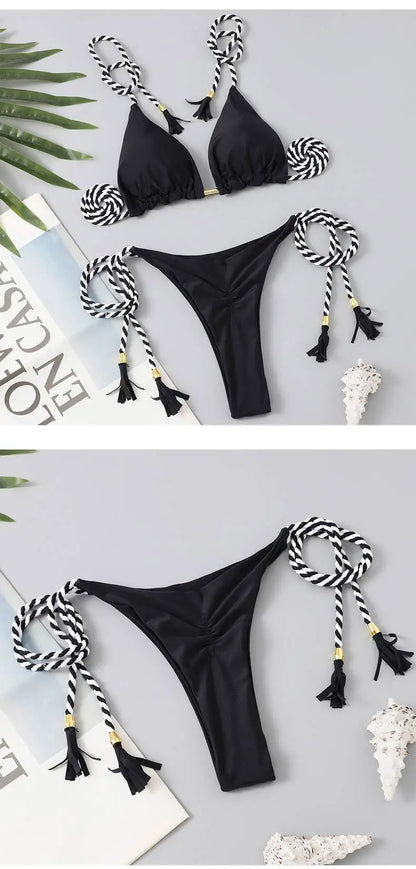 Women's Halter Tie Tassel Detail Two Piece Water Outfit Adjustable Side Drawstring Separated Swim Set for Beach Vacation Outfits