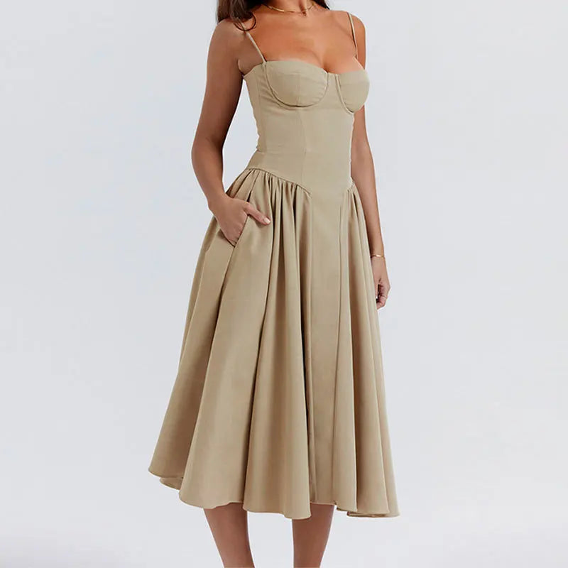 Women's French Retro Elegant V-Neck Sleeveless Slip Dress Bohemian Floral Beach Sundress Sexy Slim Fit Waist Cinched Long Dress