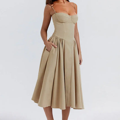 Women's French Retro Elegant V-Neck Sleeveless Slip Dress Bohemian Floral Beach Sundress Sexy Slim Fit Waist Cinched Long Dress